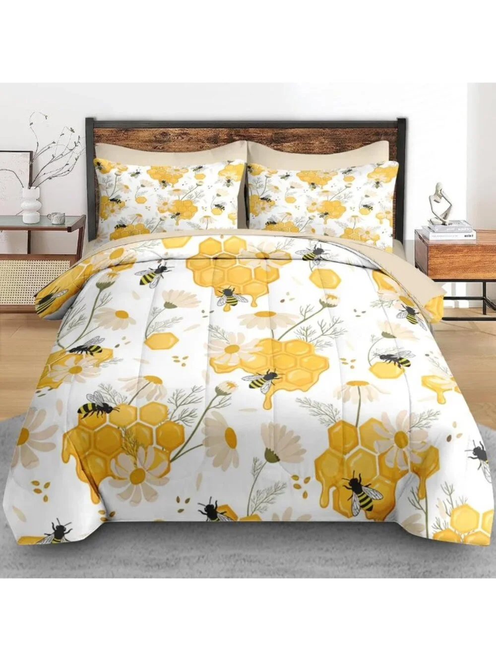 Cozy 7-Piece Bees Honey Comforter Set with Sheets - Stylish Bedding Ensemble